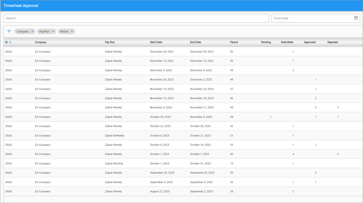 Screenshot of Timesheet Approval screen with no privilege to view Created By data.