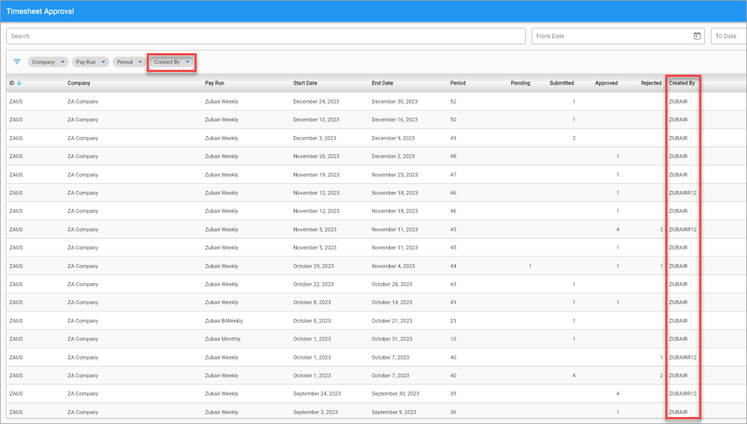 Screenshot of Timesheet Approval screen with privilege to view Created By data.