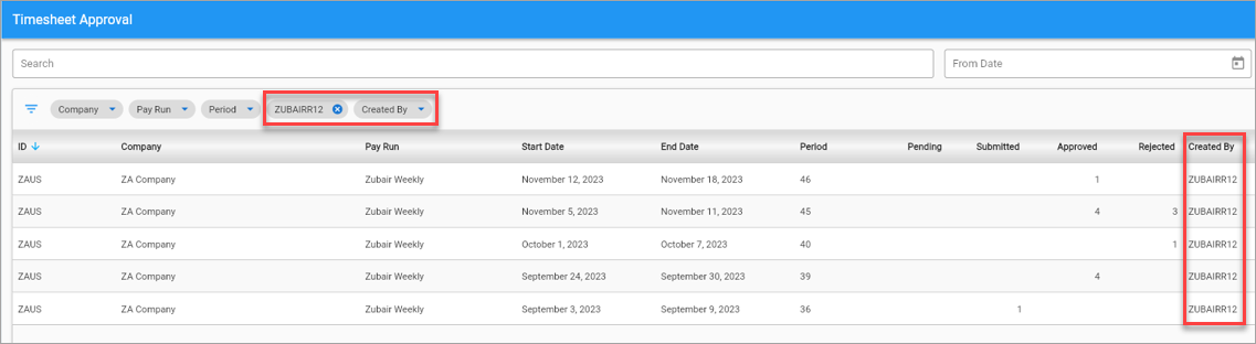 Screenshot of Timesheet Approval log with Created By filter chip applied.