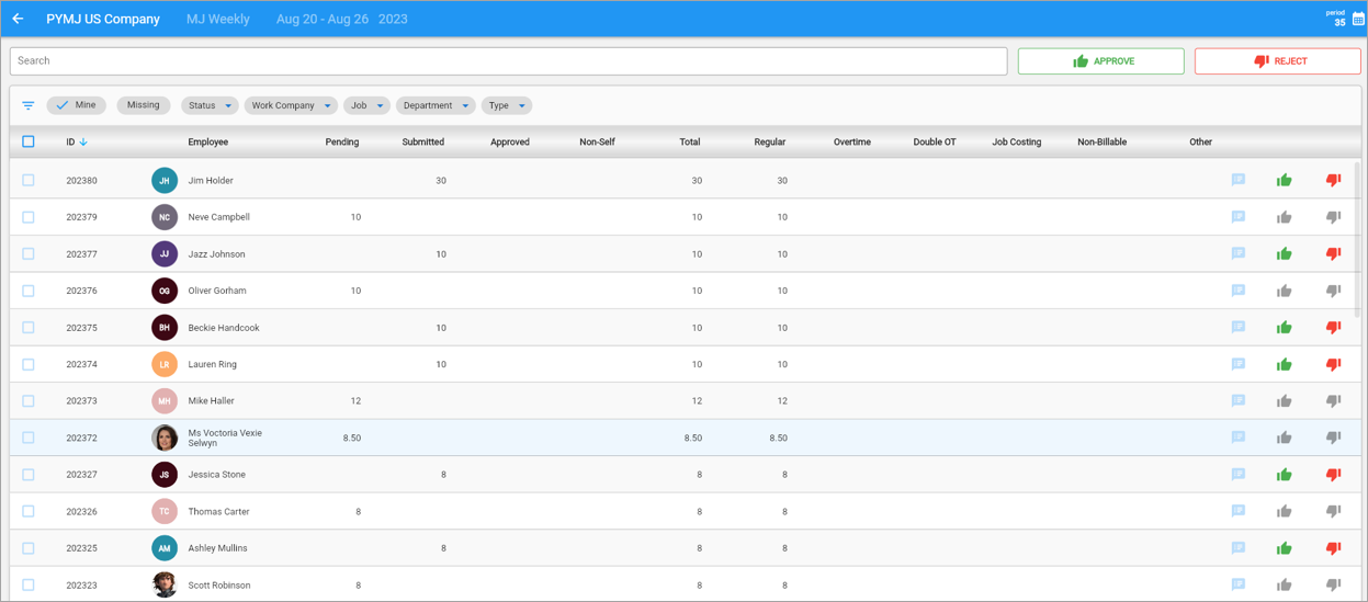 Screenshot of Timesheet Approval screen showing Employee records.