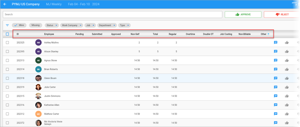 Screenshot of Timesheet Approval screen highlighting sorting features.