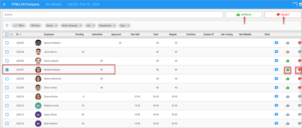 Screenshot of Timesheet Approval screen with one record being selected for approval/rejection.