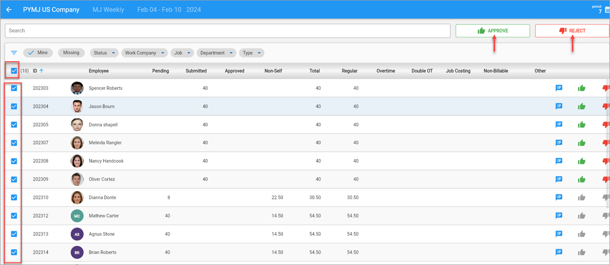 Screenshot of Timesheet Approval screen with multiple records being selected for bulk approval/rejection.