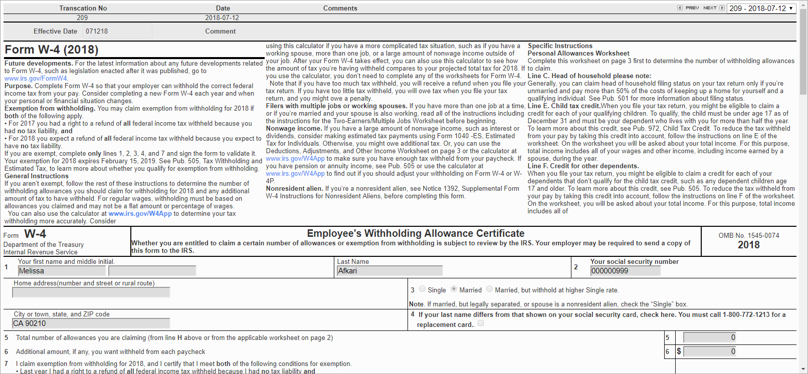 Screenshot of W-4 Information.