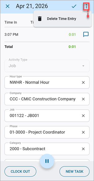 Screenshot of task with option menu highlighted.