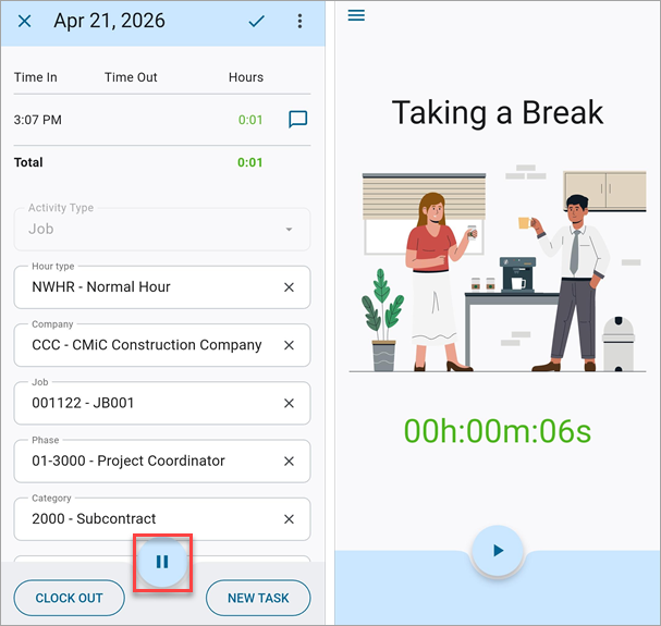 Screenshot of task with pause option.
