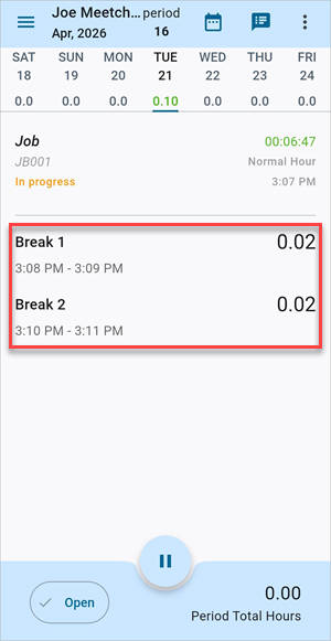 Screenshot of Personal Timesheet with break details.