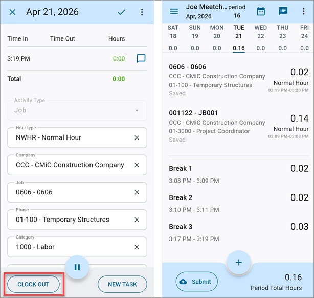 Screenshot of Clock Out option.