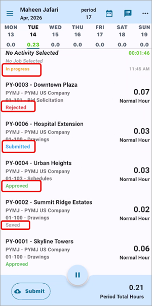 Screenshot of Time Entry log with statuses highlighted.