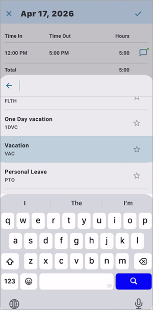 Screenshot of Hour Type selector.