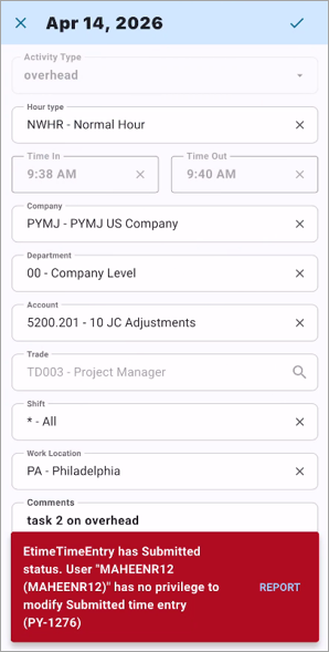 Screenshot of Time Entry with warning message.