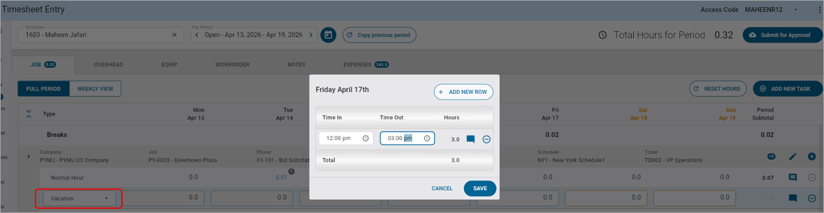 Screenshot of Time In/Out pop-up.