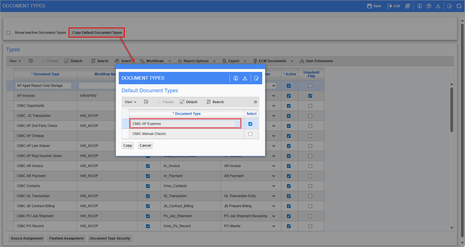Screenshot of the Default Document Types pop-up window