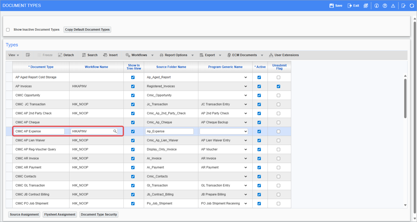 Screenshot of the CMiC AP Expense document type on the Document Types screen