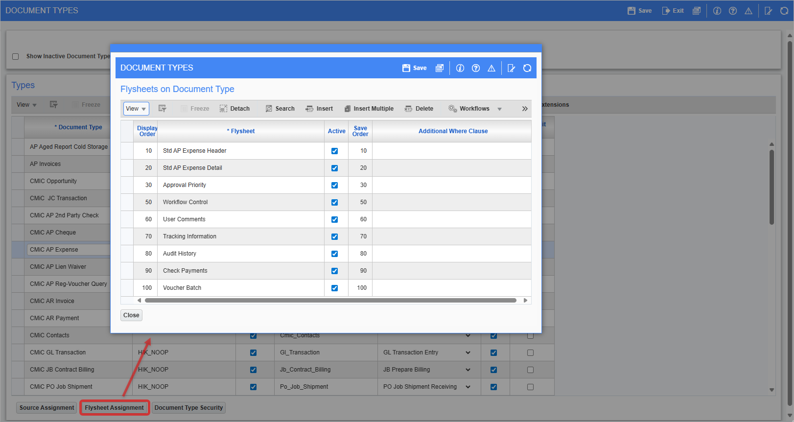 Screenshot of the Flysheets on Document Type pop-up window