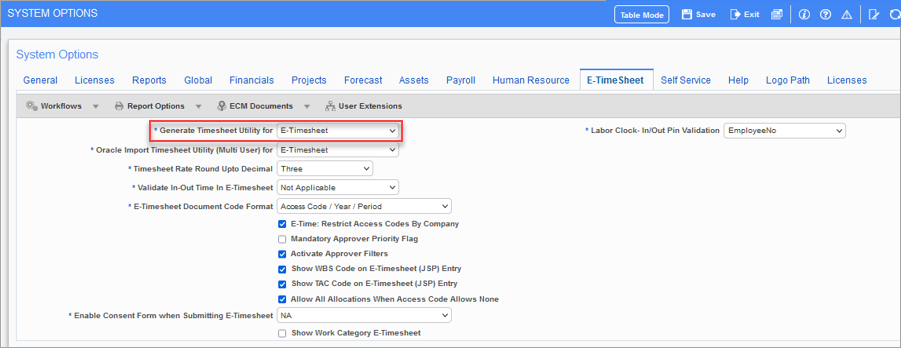 Screenshot of System Options screen with E-Time Sheet tab enabled in System Data module.