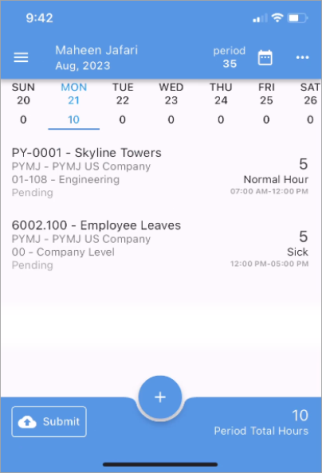 Screenshot Personal Timesheet screen with saved record.