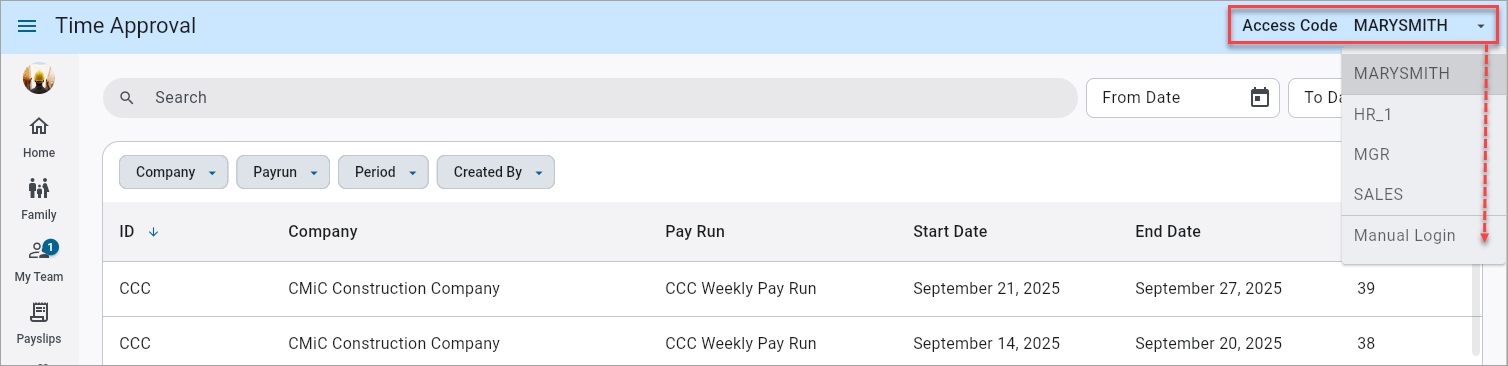 Screenshot of Timesheet Approval with login field drop-down highlighted.