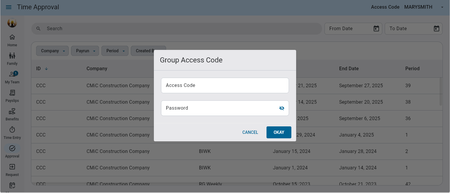 Screenshot of Timesheet Approval with manual login screen.