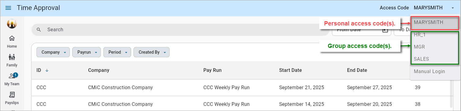 Screenshot of Timesheet Approval with access codes highlighted.