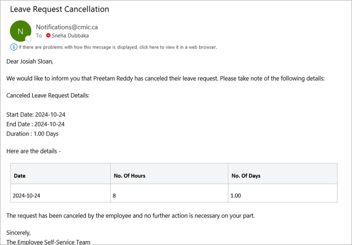 Screenshot of email from cancelled leave request.