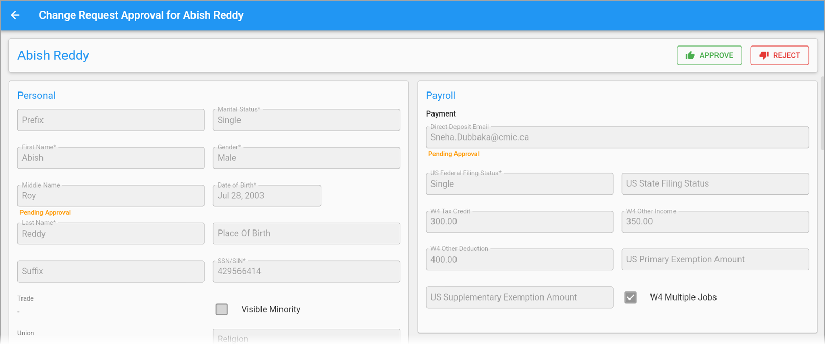 Screenshot of Change Request Approval Details screen.