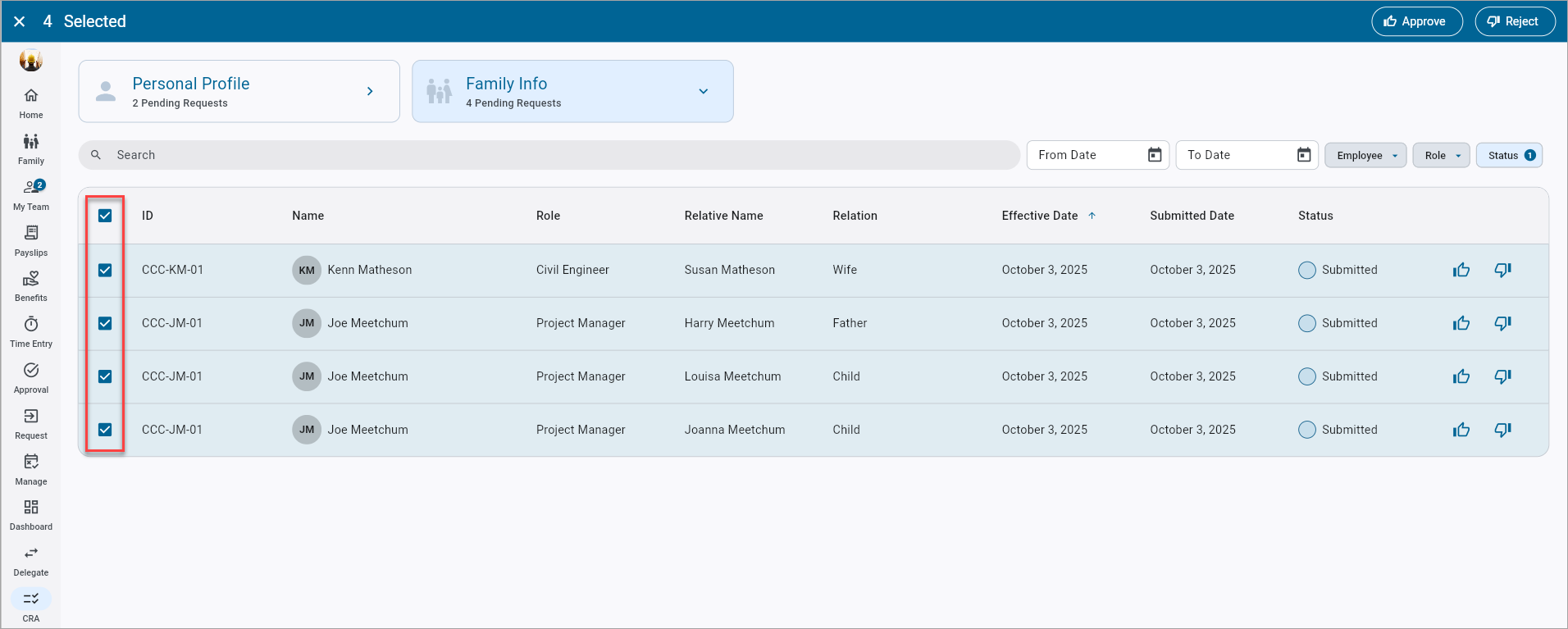 Screenshot of Family Details with bulk approval.