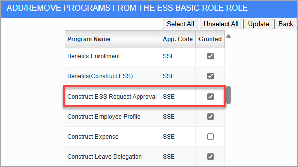 Screenshot of Role Maintenance - Add Programs.