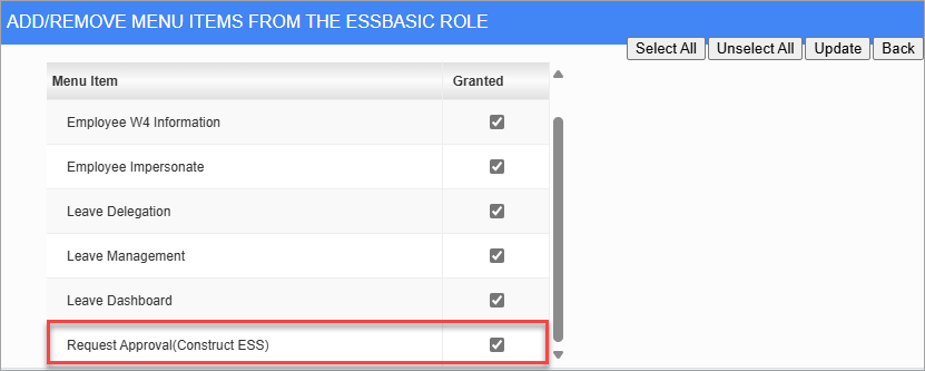 Screenshot of Role Maintenance - Add Menu items.