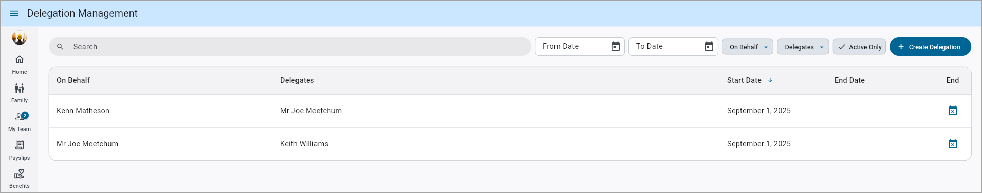 Screenshot of Delegation Management.