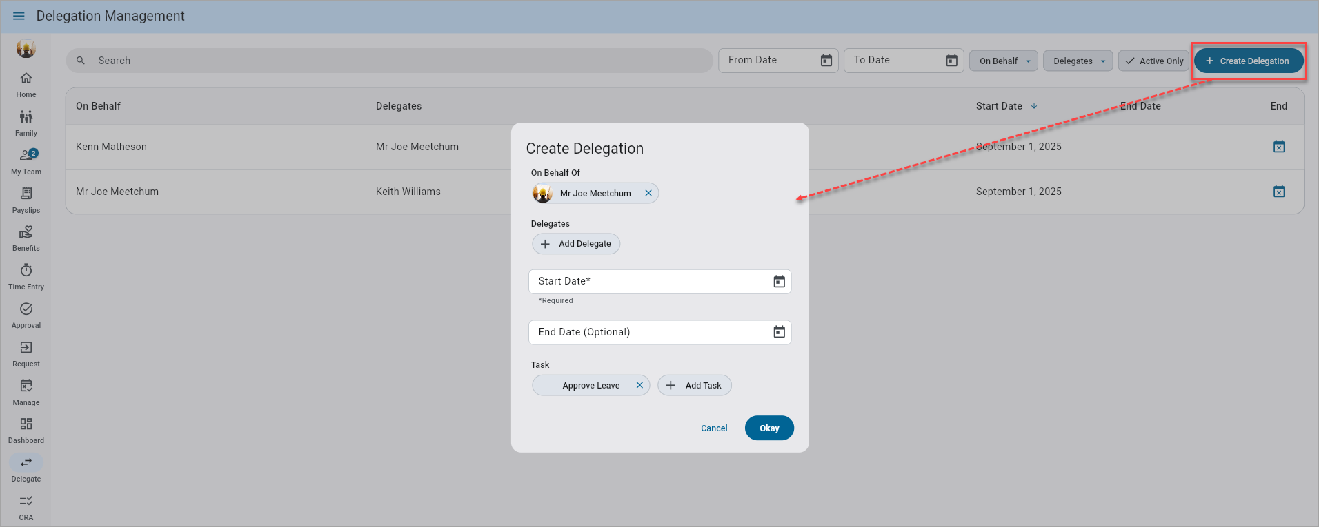 Pop-up window launched from [Create Delegation] button