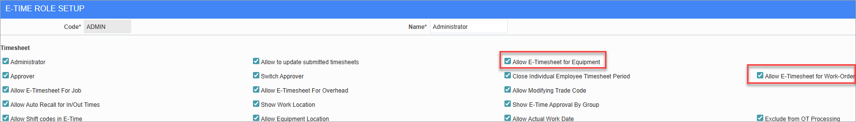 Screenshto of E-Time Role Maintenance with fields highlighted.