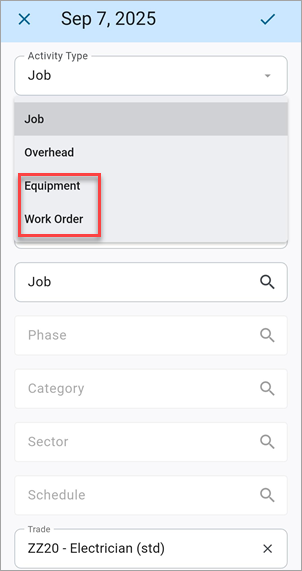 Screenshot of Job drop-down on Personal Timesheet.