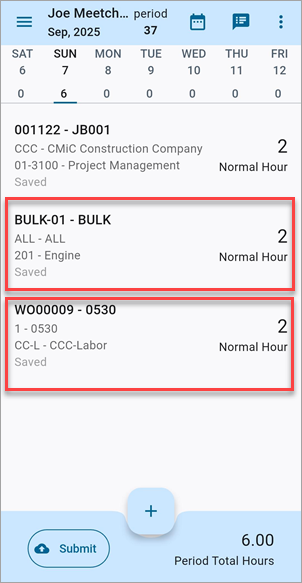 Screenshot of Personal Timesheet with work order and equipment lines highlighted.