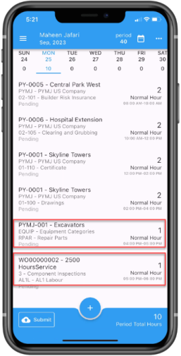 Screenshot of Timesheet showing entries against equipment and work orders.