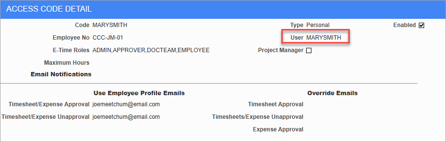 Screenshot of Access Code with field highlighted.