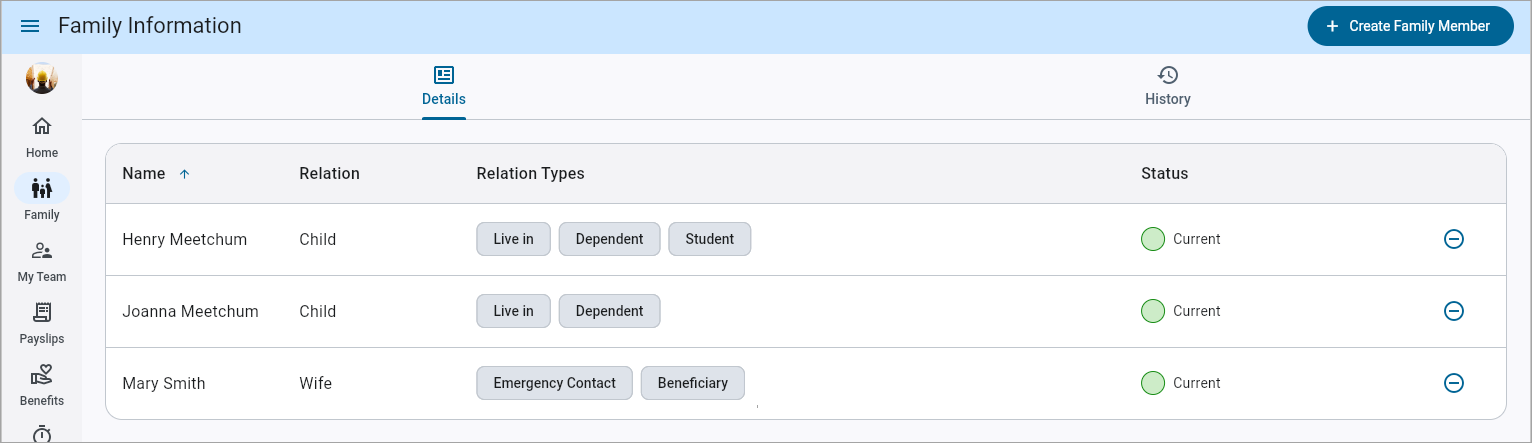 Screenshot of Family Information.
