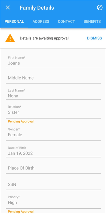 Screenshot of Family Details in pending state.