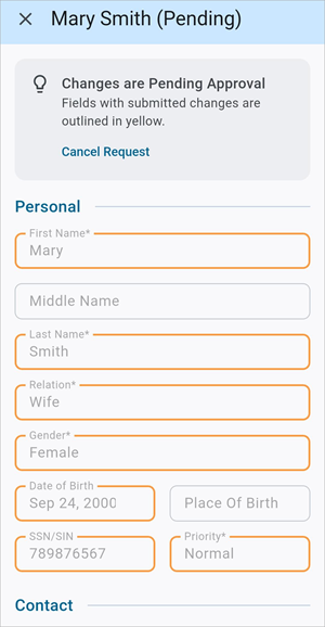 Screenshot of Family Details in pending state.