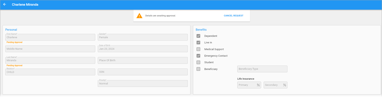 Screenshot of Family Details in pending state.
