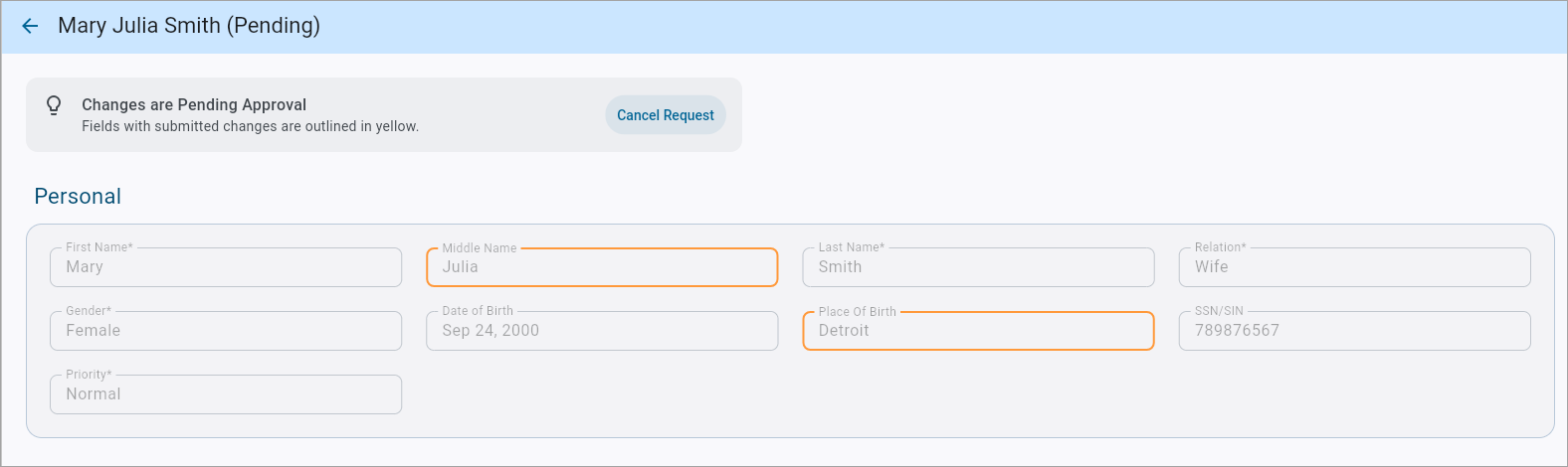 Screenshot of Family Details in pending state.