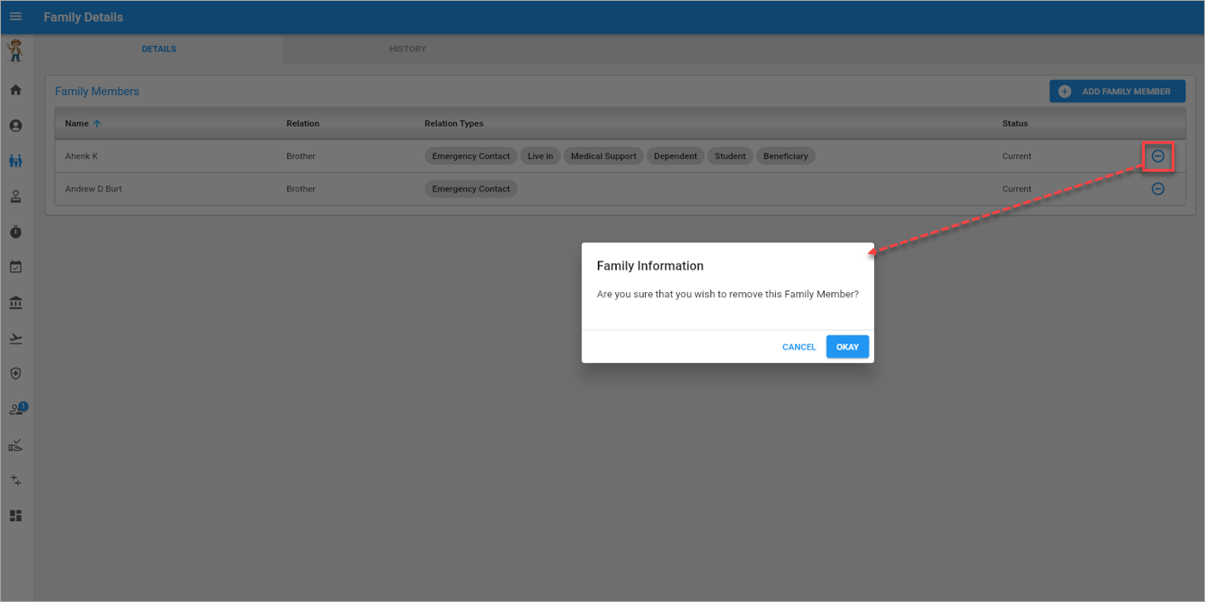 Screenshot of Family Details with Remove icon highlighted.