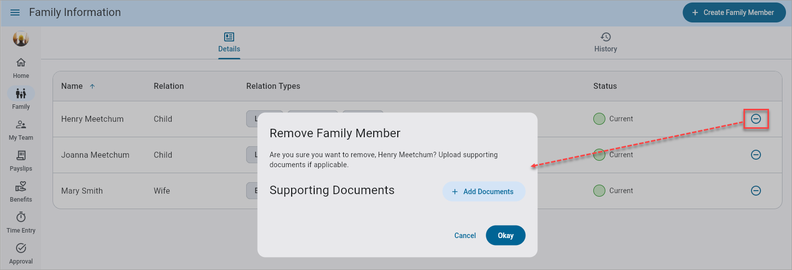 Screenshot of Family Details with Delete icon highlighted.