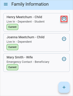 Screenshot of Family Information with Delete icon highlighted.