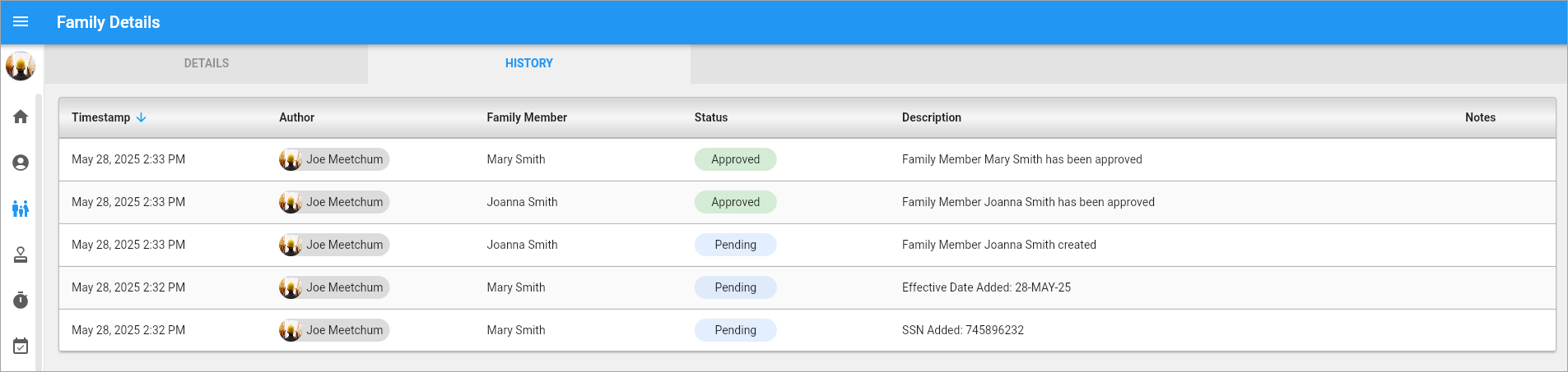 Screenshot of Family Information - History tab.