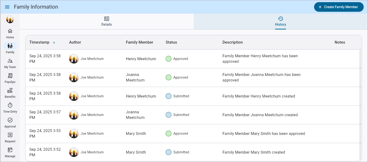 Screenshot of Family Information - History tab.