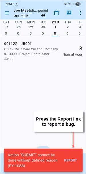 Screenshot of Error message with Report link.