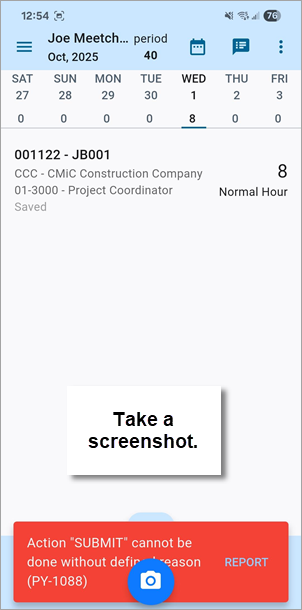 Screenshot of Error message and camera icon for screenshot.