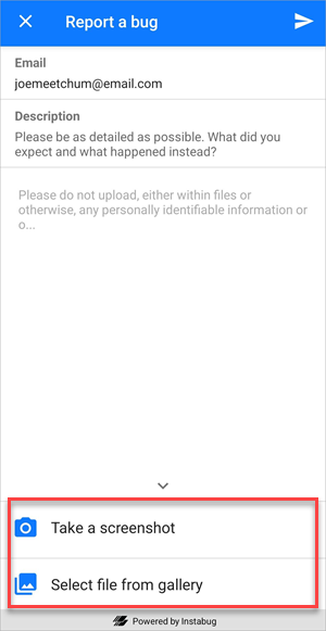 Screenshot of Report a bug with attachment options highlighted.