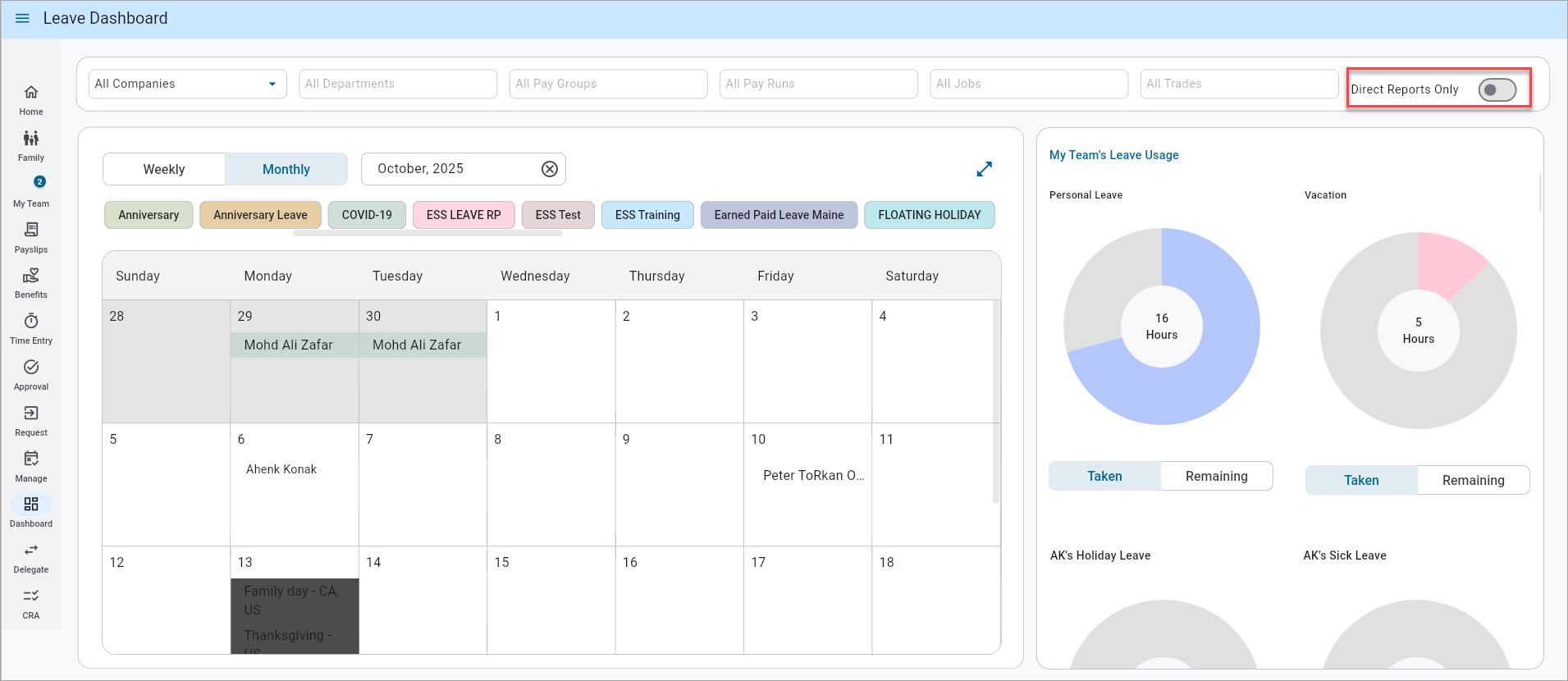 Screenshot of Leave Dashboard in monthly view.